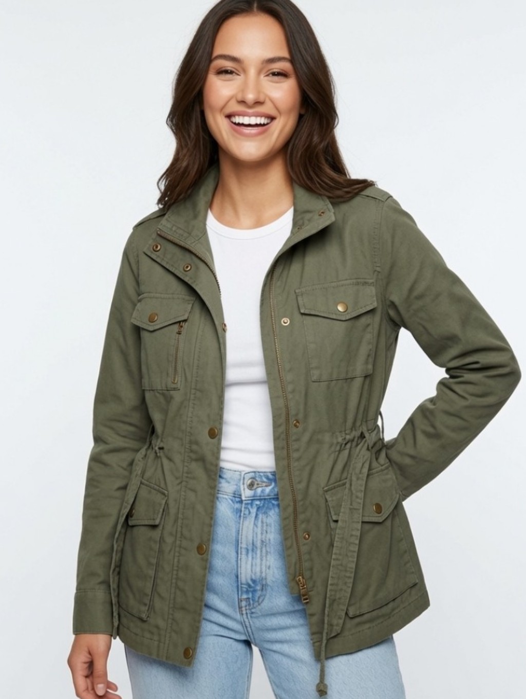 New Look Olive Green Cotton Utility Jacket For Women (Size: 2x)